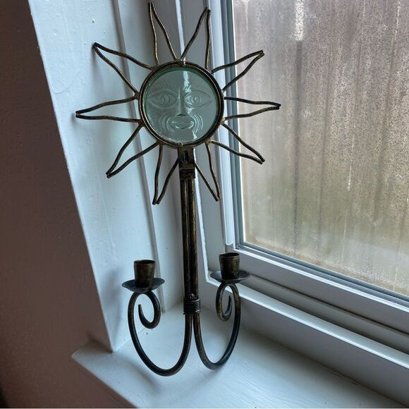 Vintage Metal & Glass Sun Wall Sconce Double Taper Candle Holder - Picture 5 of 7